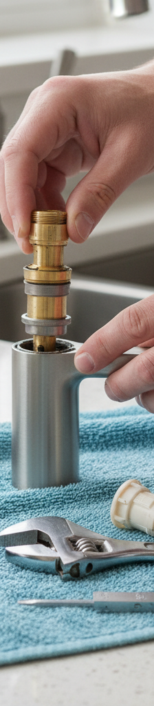 Homeowner replacing a worn cartridge in a single-handle kitchen faucet to stop a leak