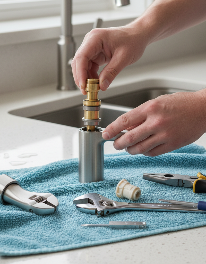 Homeowner replacing a worn cartridge in a single-handle kitchen faucet to stop a leak