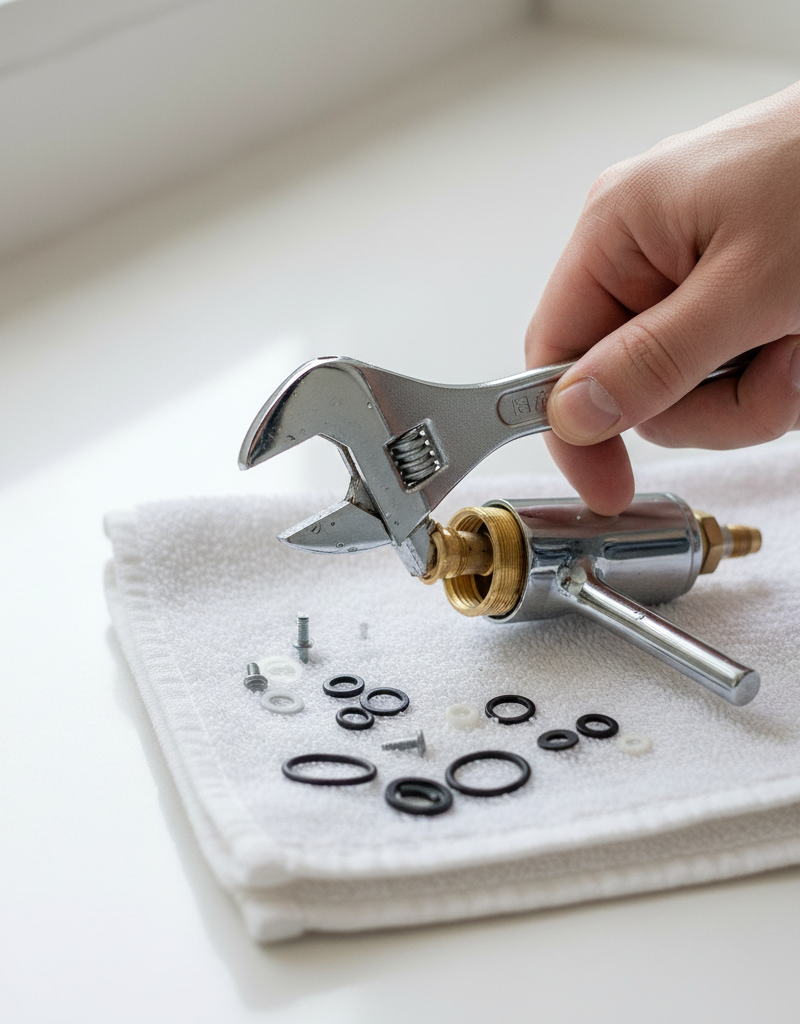 Person replacing a cartridge in a leaky single-handle faucet