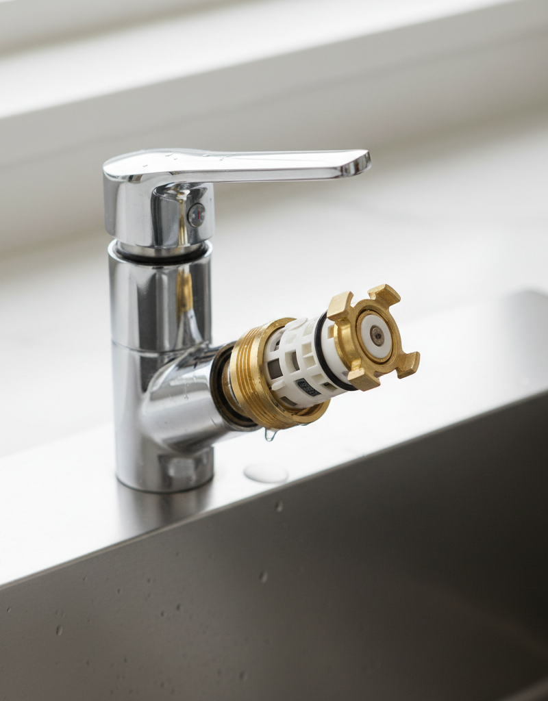 Homeowner's hands removing a worn faucet cartridge from a leaky single-handle kitchen faucet.