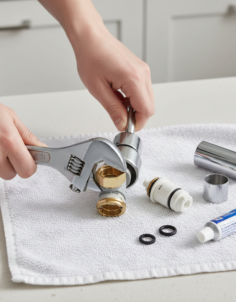 Homeowner tightening a faucet retaining nut during a single-handle faucet repair, new parts visible