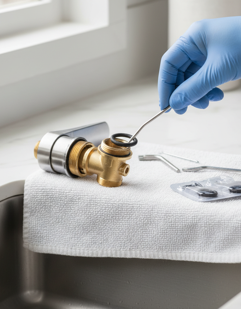 Homeowner repairing a single-handle faucet, exposing a worn O-ring and cartridge