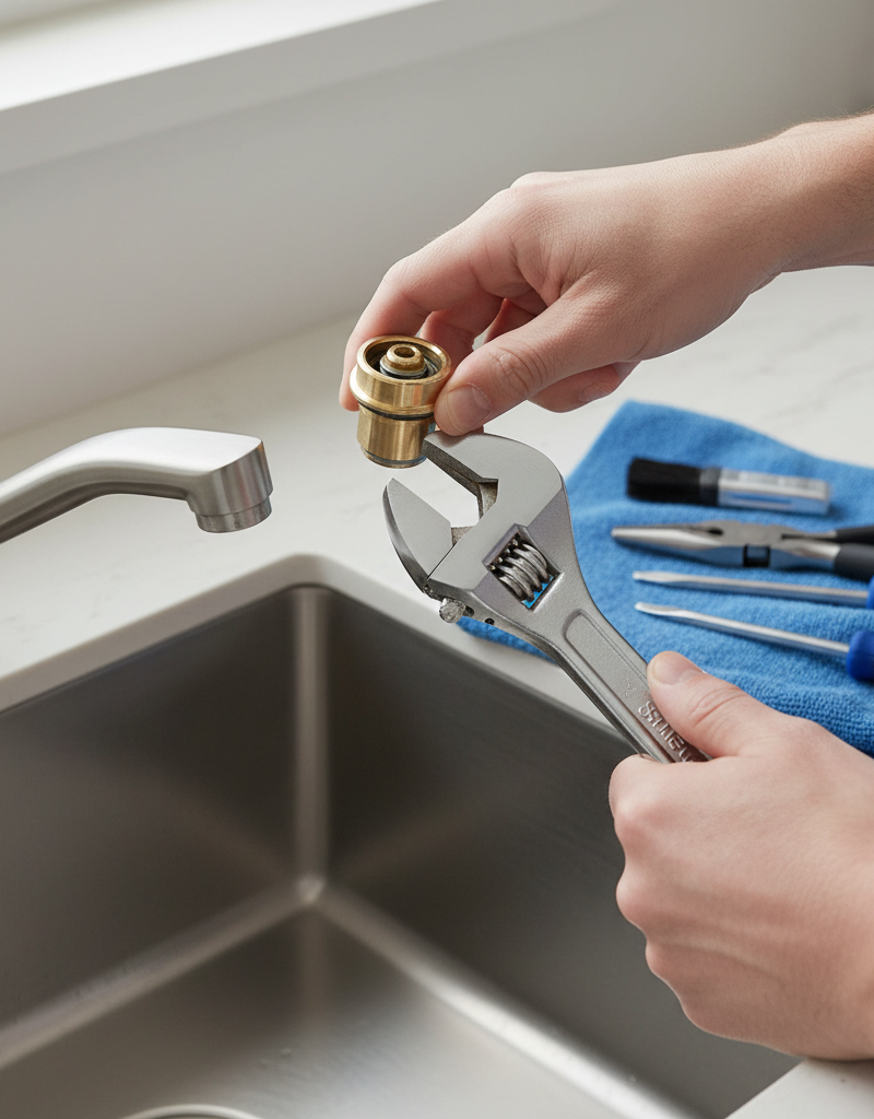 Homeowner replacing a leaky single-handle kitchen faucet cartridge with an adjustable wrench.