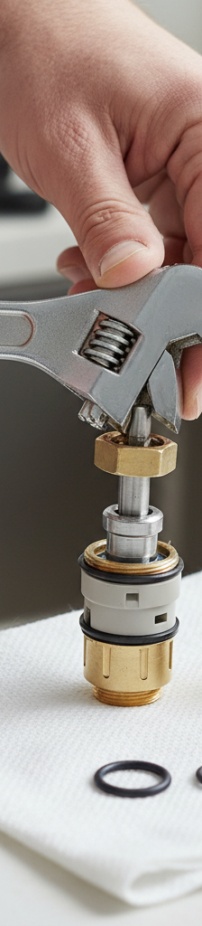 Homeowner repairing a leaky single-handle kitchen faucet by replacing its internal cartridge.