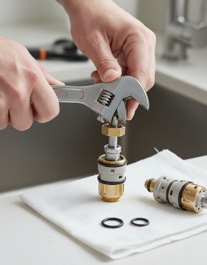 Homeowner repairing a leaky single-handle kitchen faucet by replacing its internal cartridge.