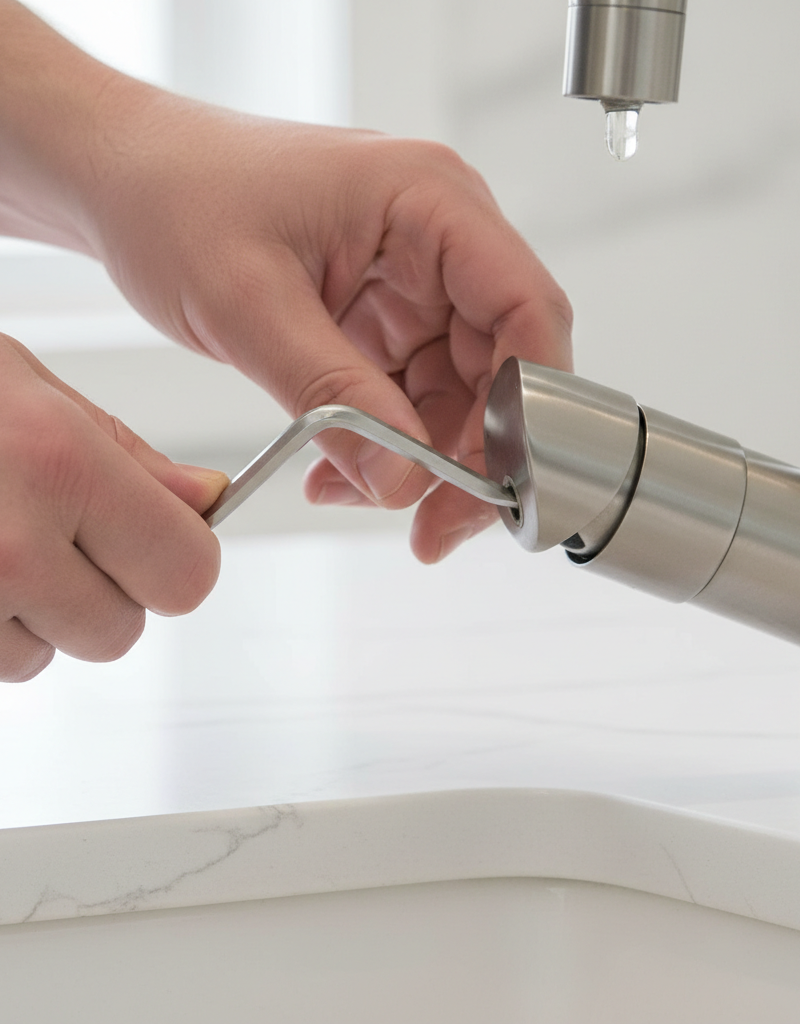 Homeowner using an Allen wrench to remove the handle set screw from a leaky single-handle kitchen faucet.