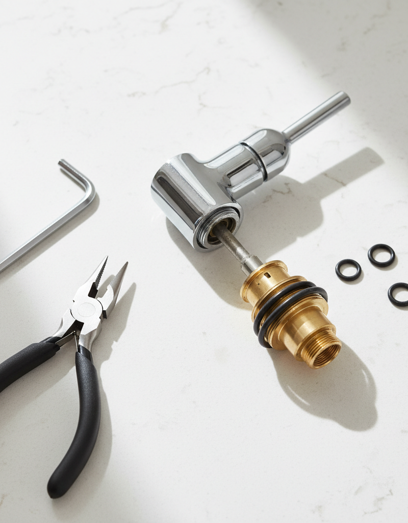 Disassembled single-handle kitchen faucet with cartridge, O-rings, and tools laid out on a countertop.