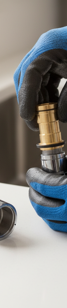 Hands replacing a cartridge in a leaky single-handle kitchen faucet