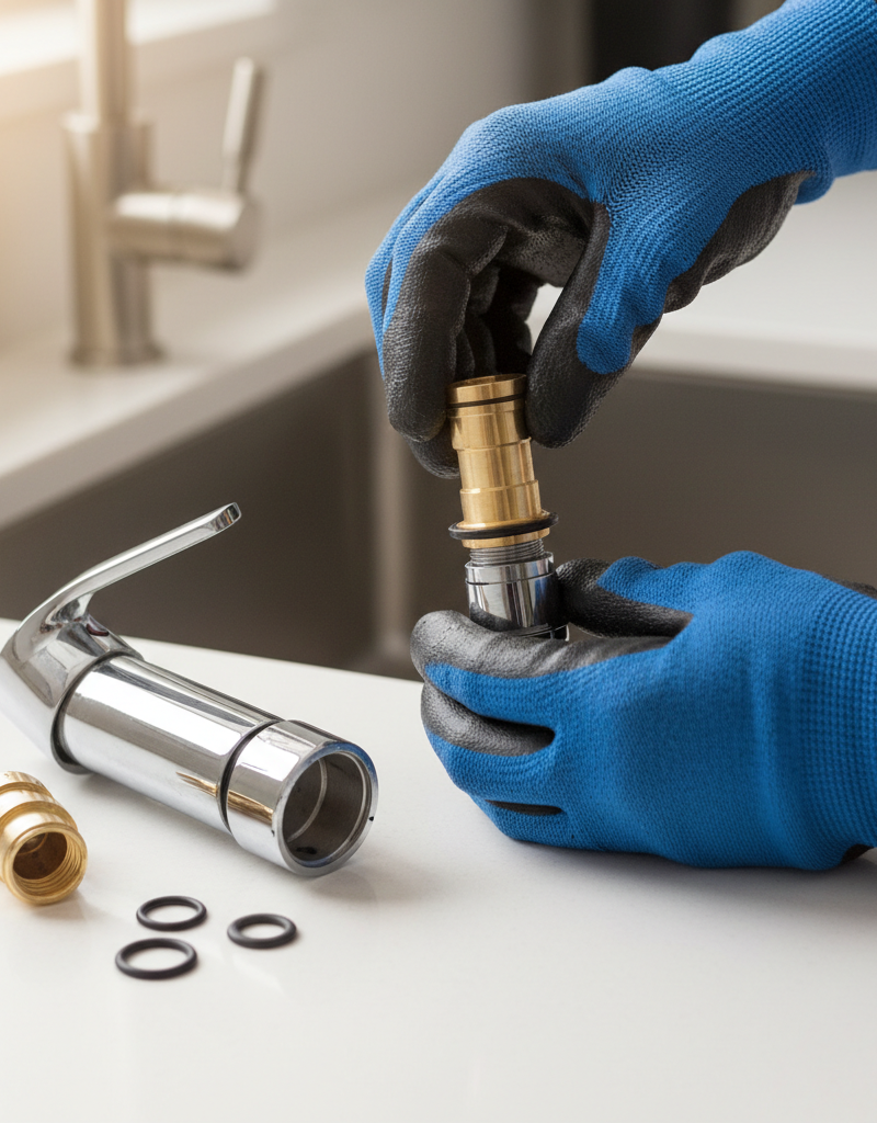 Hands replacing a cartridge in a leaky single-handle kitchen faucet