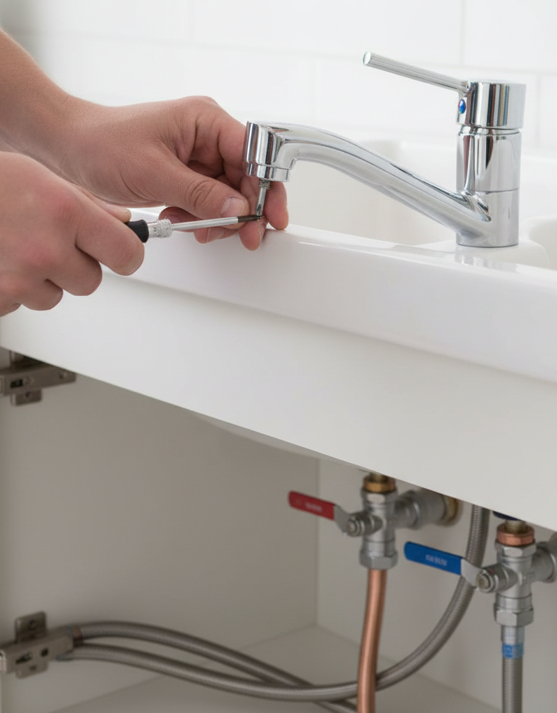 Hands removing a set screw from a single-handle kitchen faucet to fix a leak