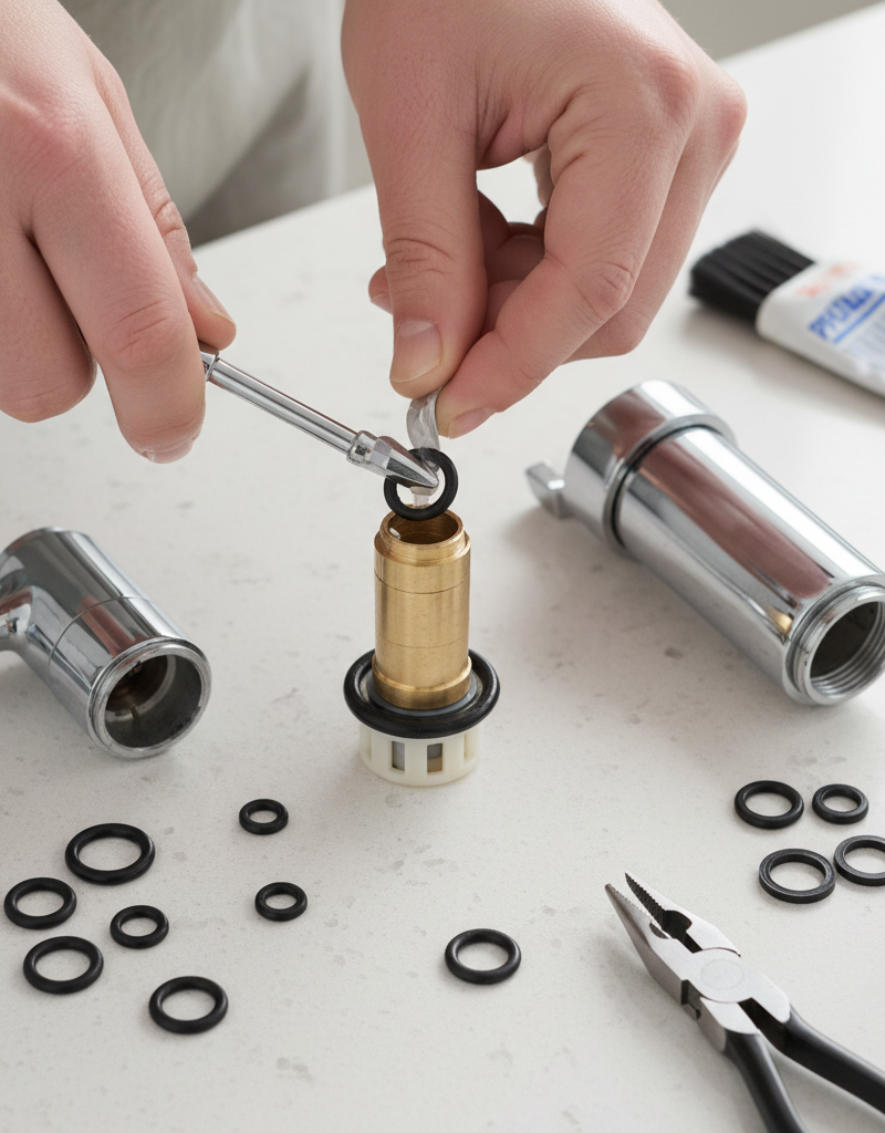 Hands repairing a single-handle kitchen faucet, showing removal of the cartridge and O-rings