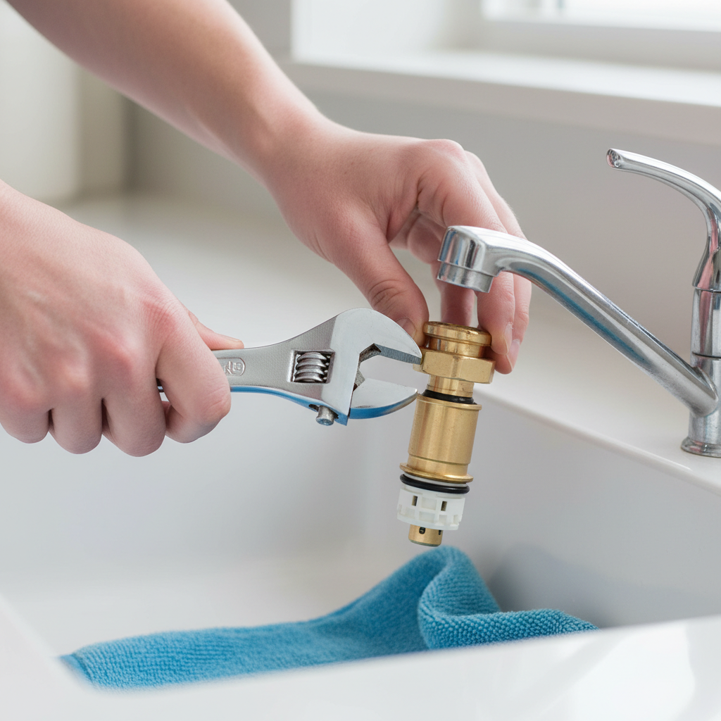 Homeowner repairing a leaky single-handle kitchen faucet by removing a retaining nut with a wrench