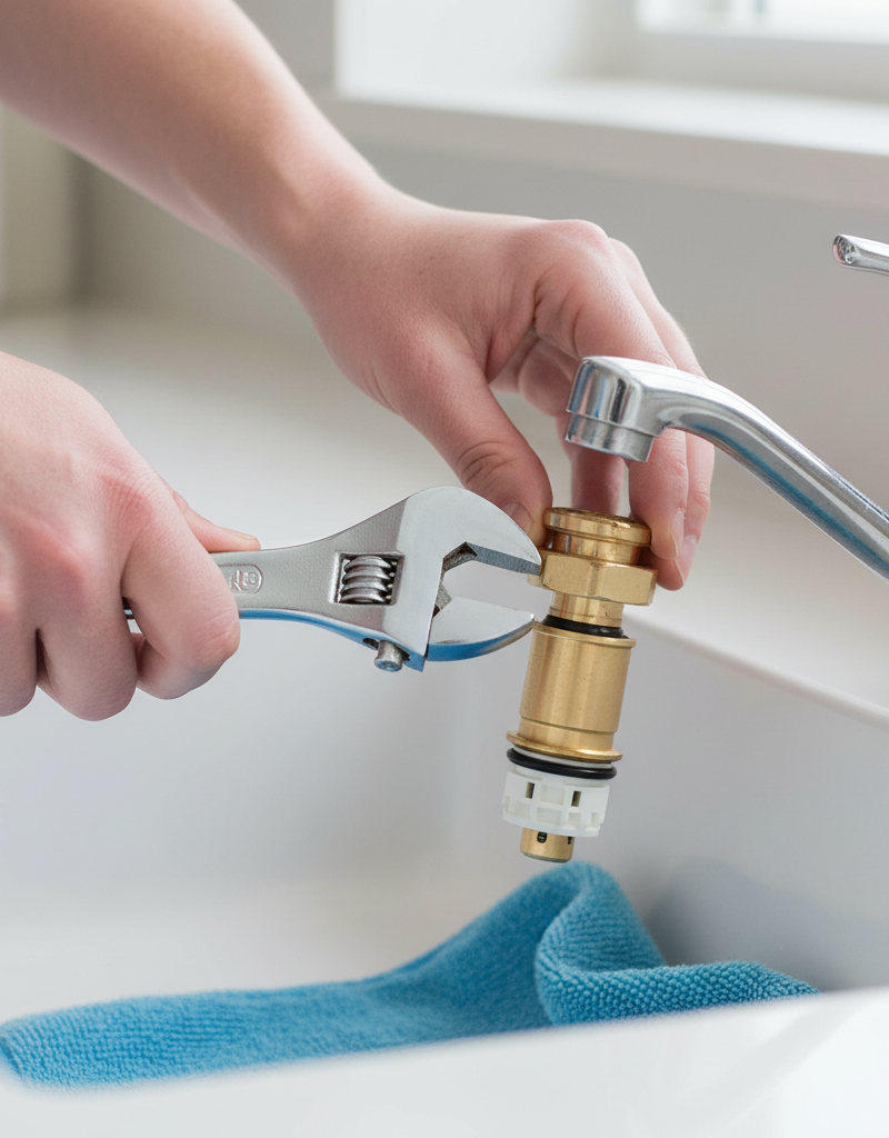 Homeowner repairing a leaky single-handle kitchen faucet by removing a retaining nut with a wrench