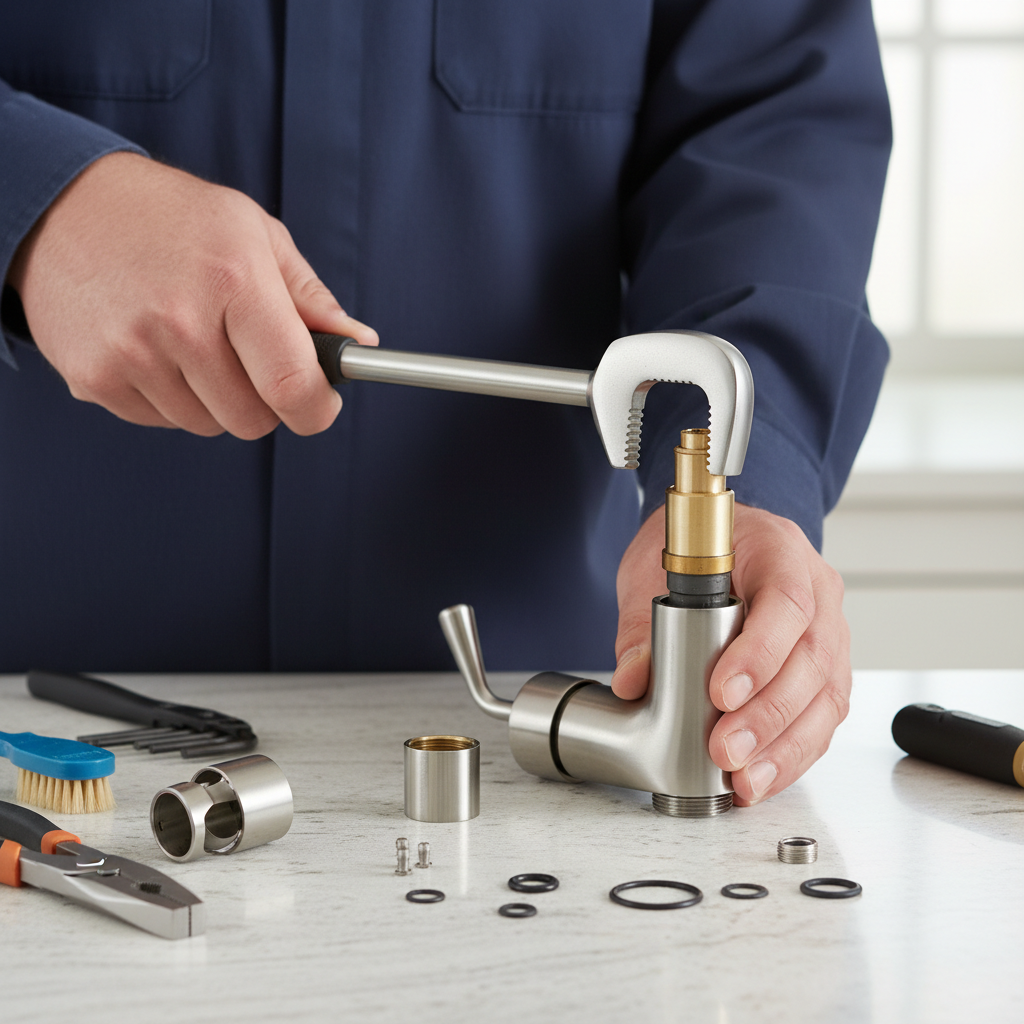 Hands removing a cartridge from a single-handle kitchen faucet with a basin wrench