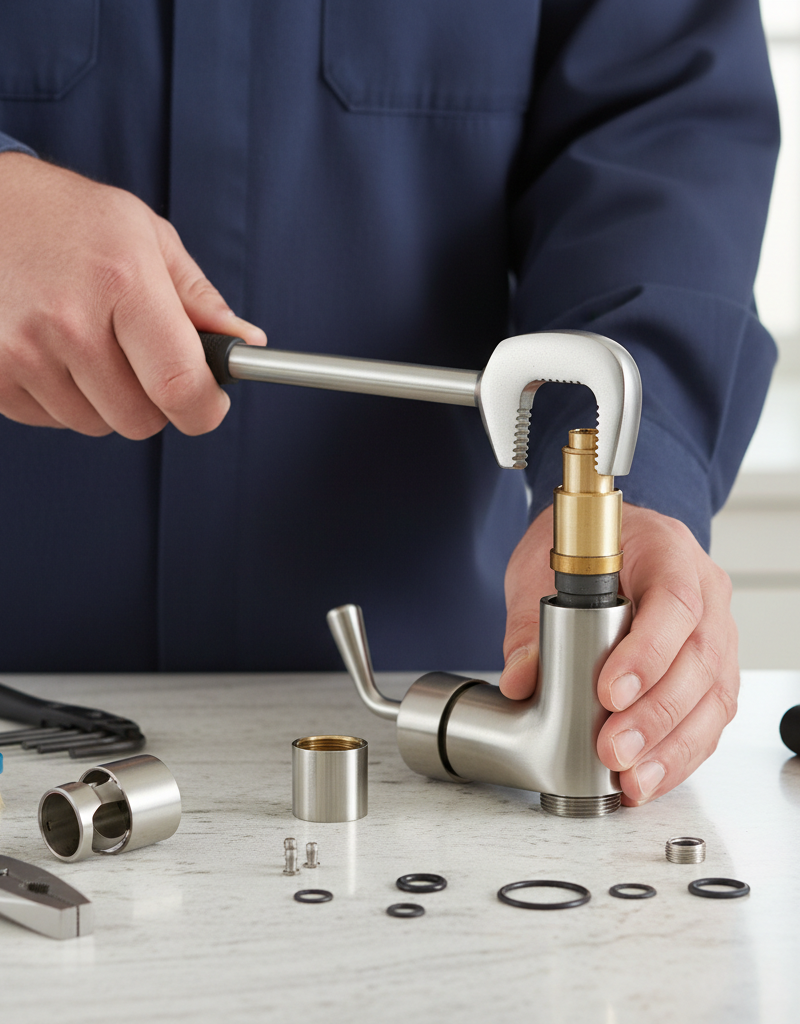 Hands removing a cartridge from a single-handle kitchen faucet with a basin wrench