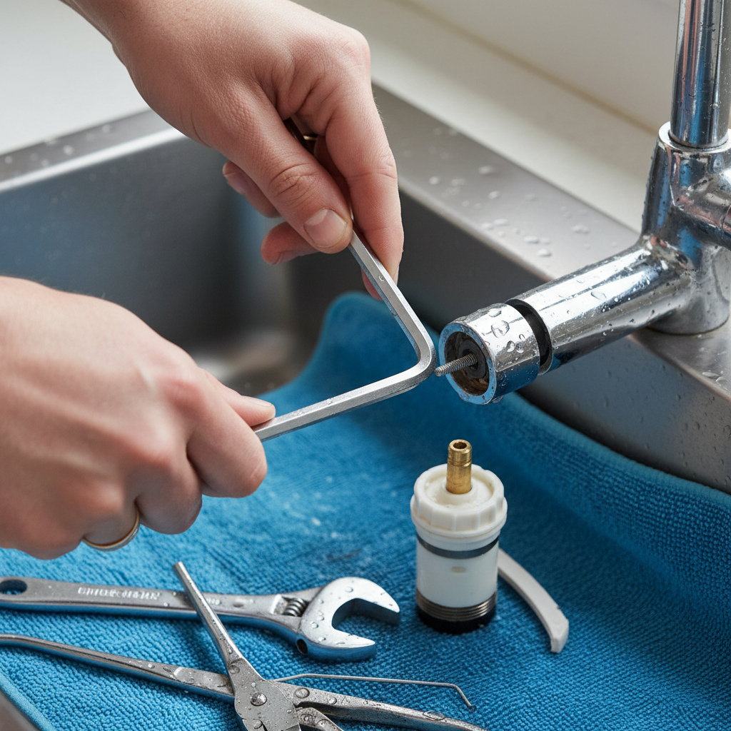 Homeowner repairing a leaky single-handle kitchen faucet by removing the handle with an Allen wrench.