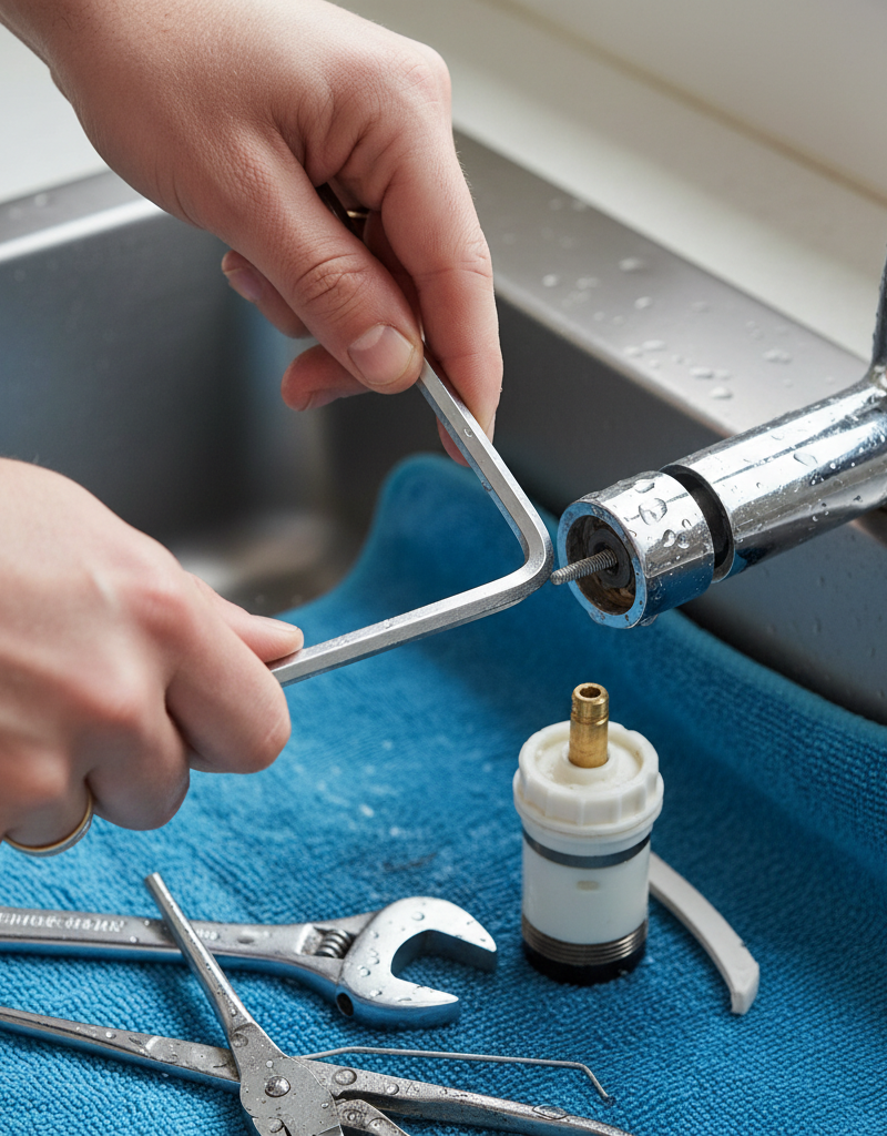 Homeowner repairing a leaky single-handle kitchen faucet by removing the handle with an Allen wrench.