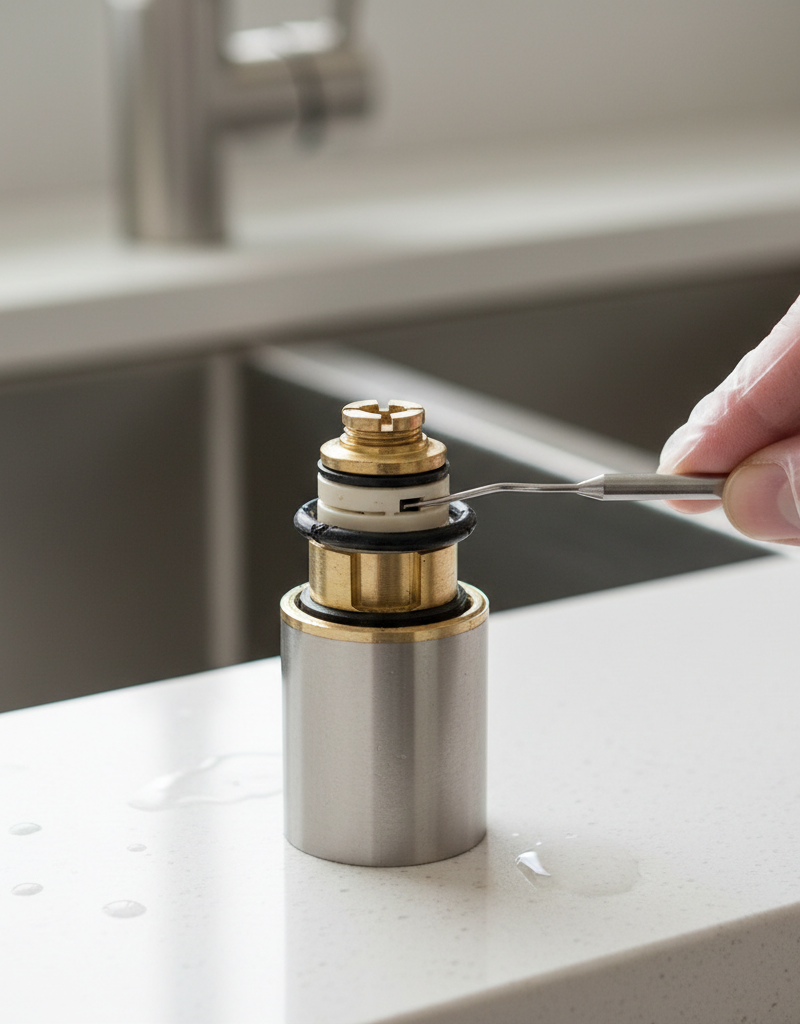 Hand removing a worn rubber O-ring from a single-handle kitchen faucet cartridge during a leak repair.