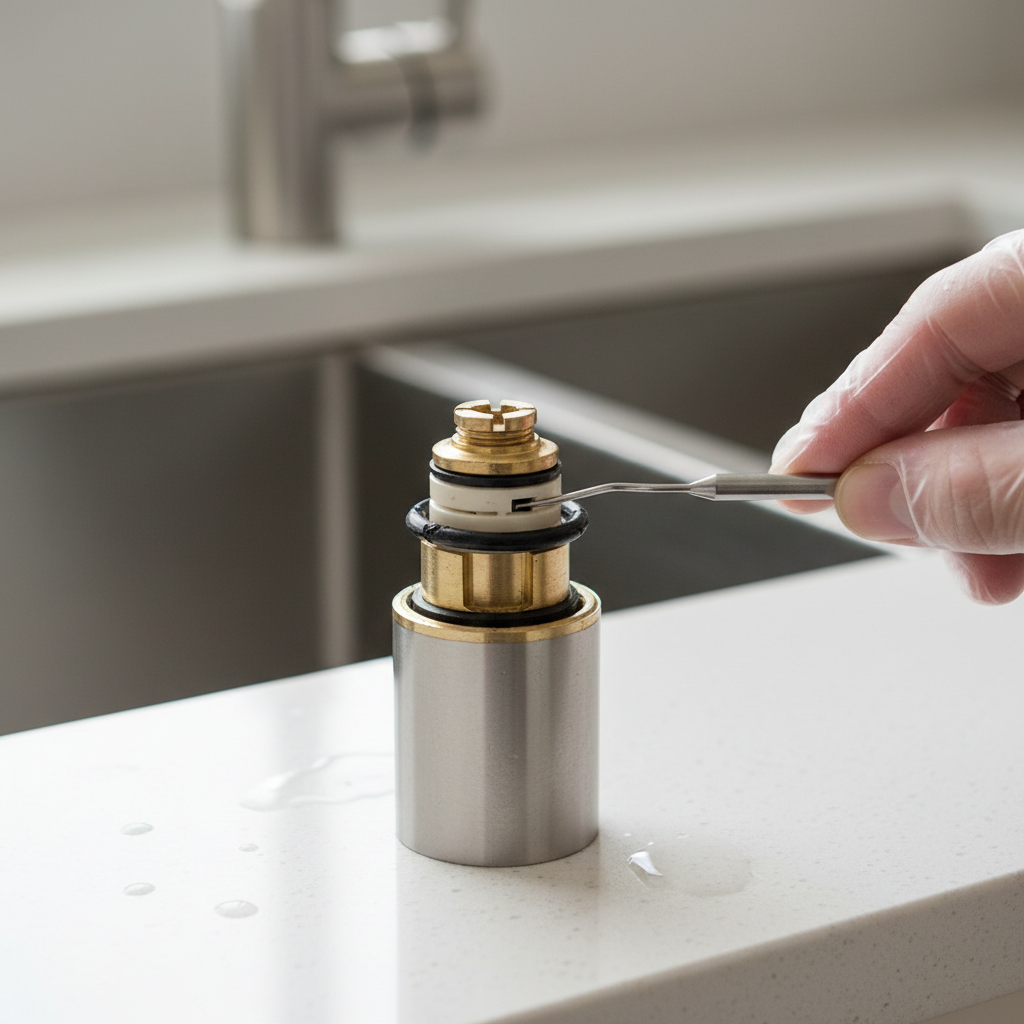Hand removing a worn rubber O-ring from a single-handle kitchen faucet cartridge during a leak repair.