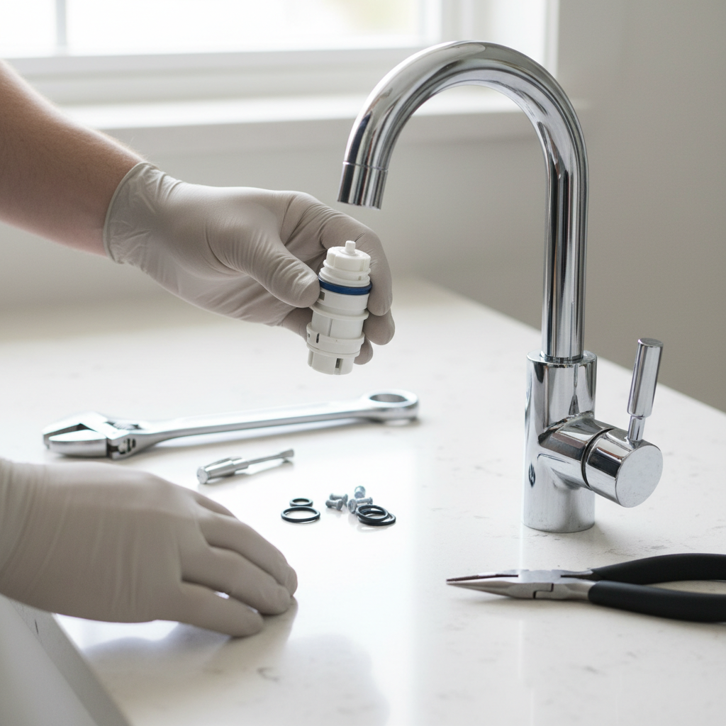 Homeowner's hands installing a new cartridge into a leaky single-handle kitchen faucet for repair.