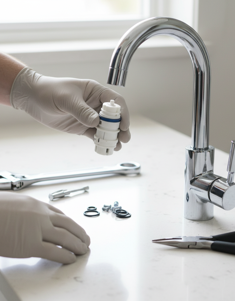 Homeowner's hands installing a new cartridge into a leaky single-handle kitchen faucet for repair.