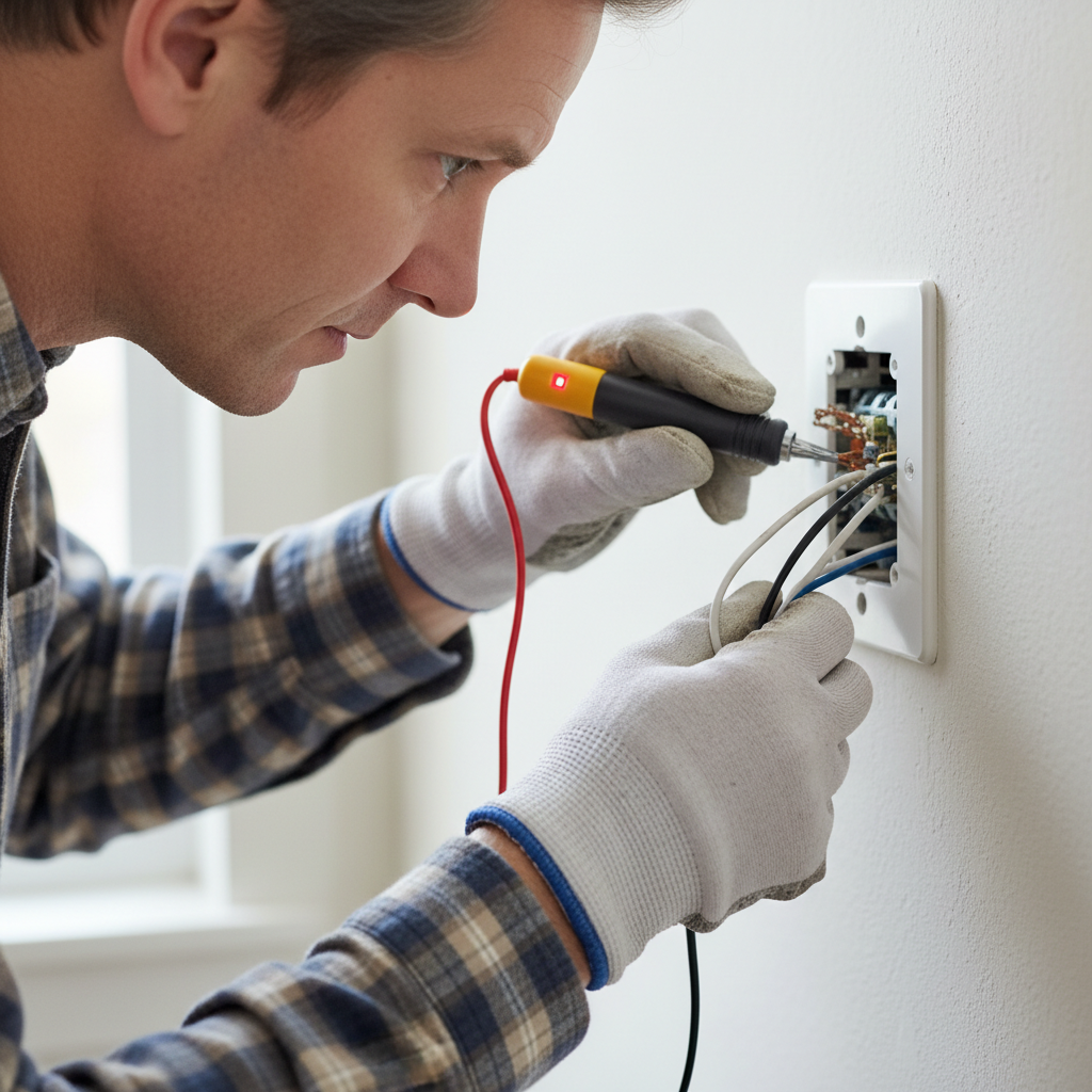 Homeowner troubleshooting a flickering light switch, checking wire connections with a voltage tester.