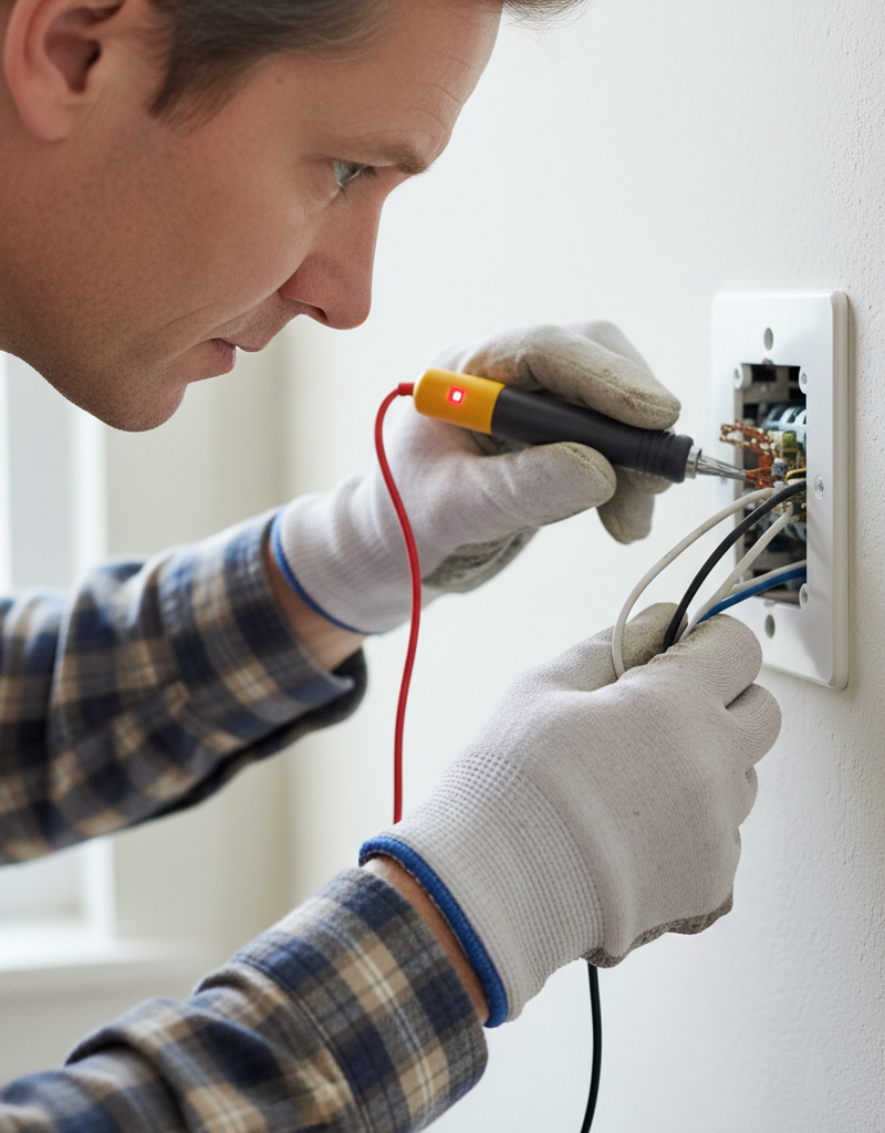 Homeowner troubleshooting a flickering light switch, checking wire connections with a voltage tester.