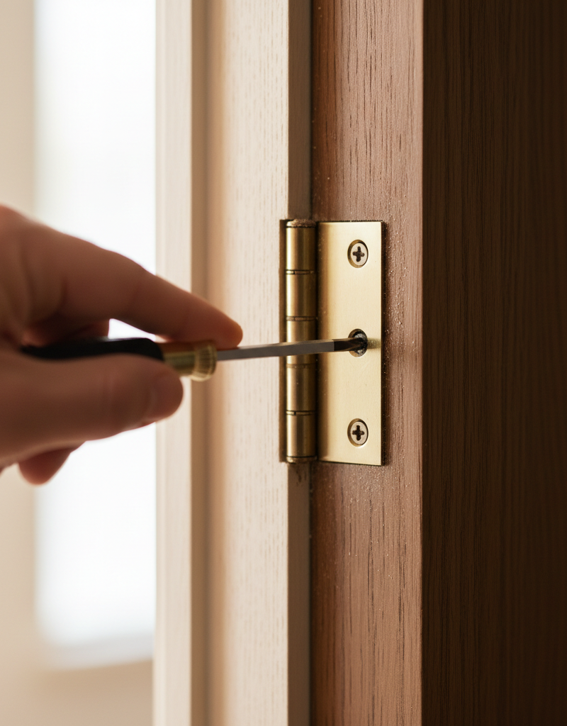 Homeowner tightening a door hinge screw on a wooden door frame
