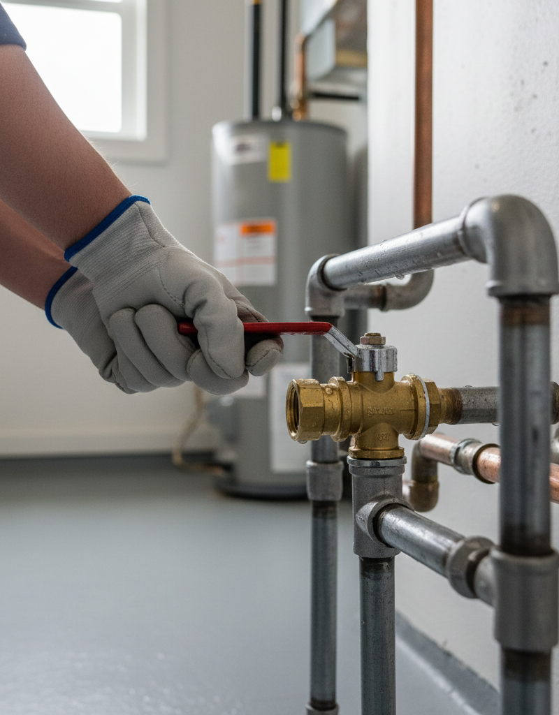 Homeowner checking a red-handled main water shut-off valve for low water pressure.
