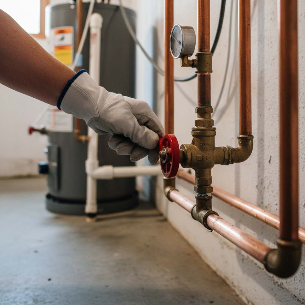 Homeowner's hand turning a red main water shut-off valve to fix low pressure
