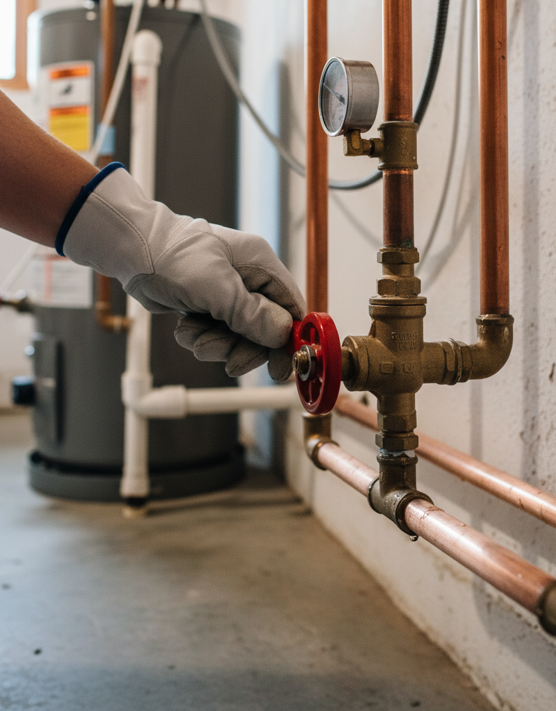 Homeowner's hand turning a red main water shut-off valve to fix low pressure