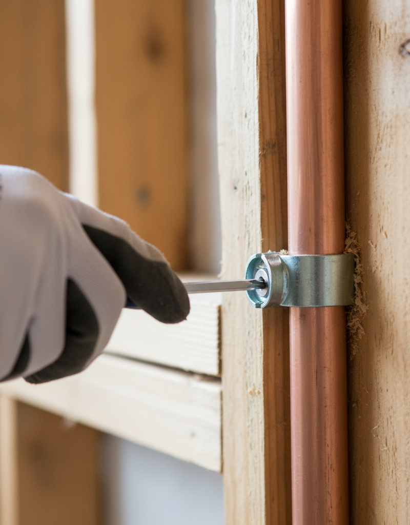 Hand securing a copper water pipe to a wooden joist with a metal pipe clamp and a screwdriver.