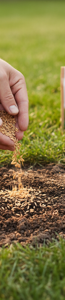 Hands planting grass seed in a bare lawn patch.