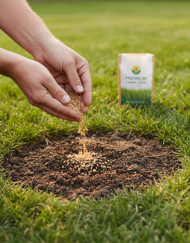 Hands planting grass seed in a bare lawn patch.