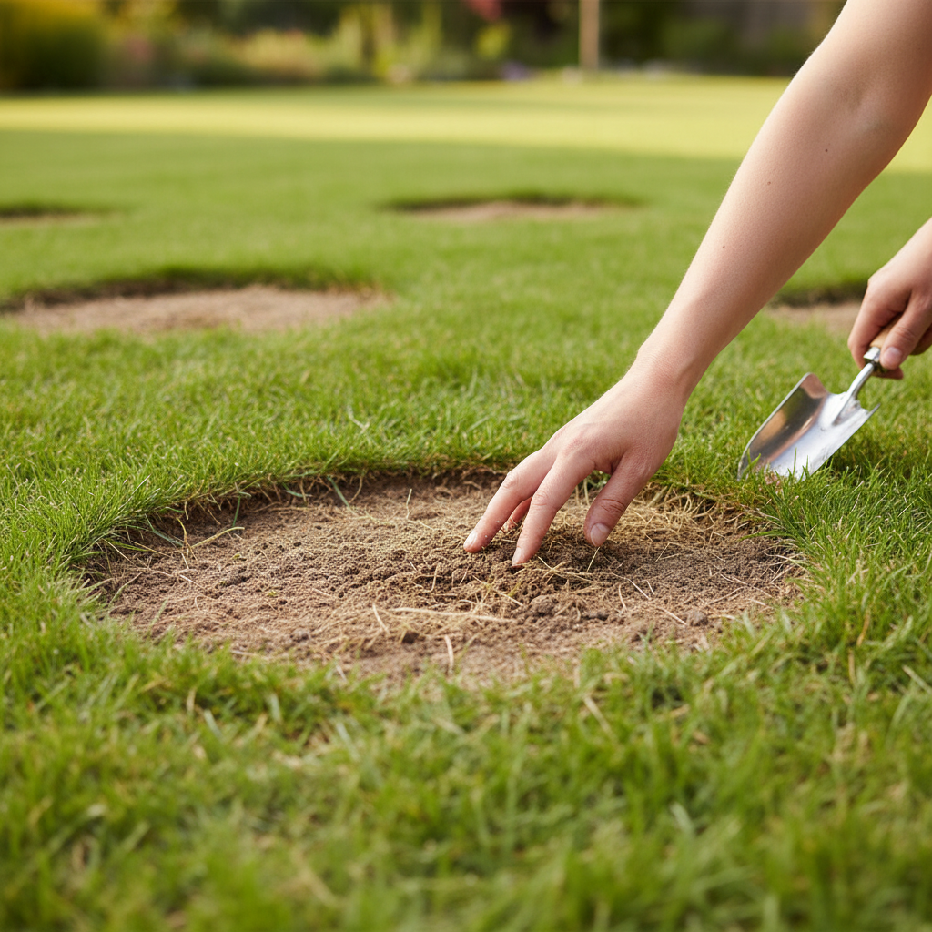 Homeowner examining a bare patch in their lawn, with a small trowel nearby.