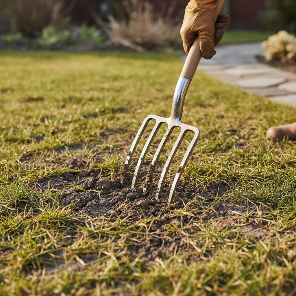 Homeowner diagnosing patchy grass by inspecting compacted soil with a garden fork.