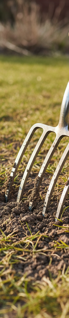 Homeowner diagnosing patchy grass by inspecting compacted soil with a garden fork.