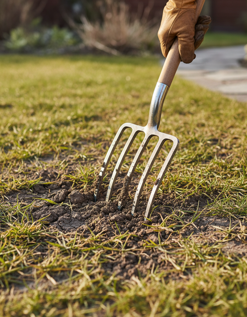 Homeowner diagnosing patchy grass by inspecting compacted soil with a garden fork.
