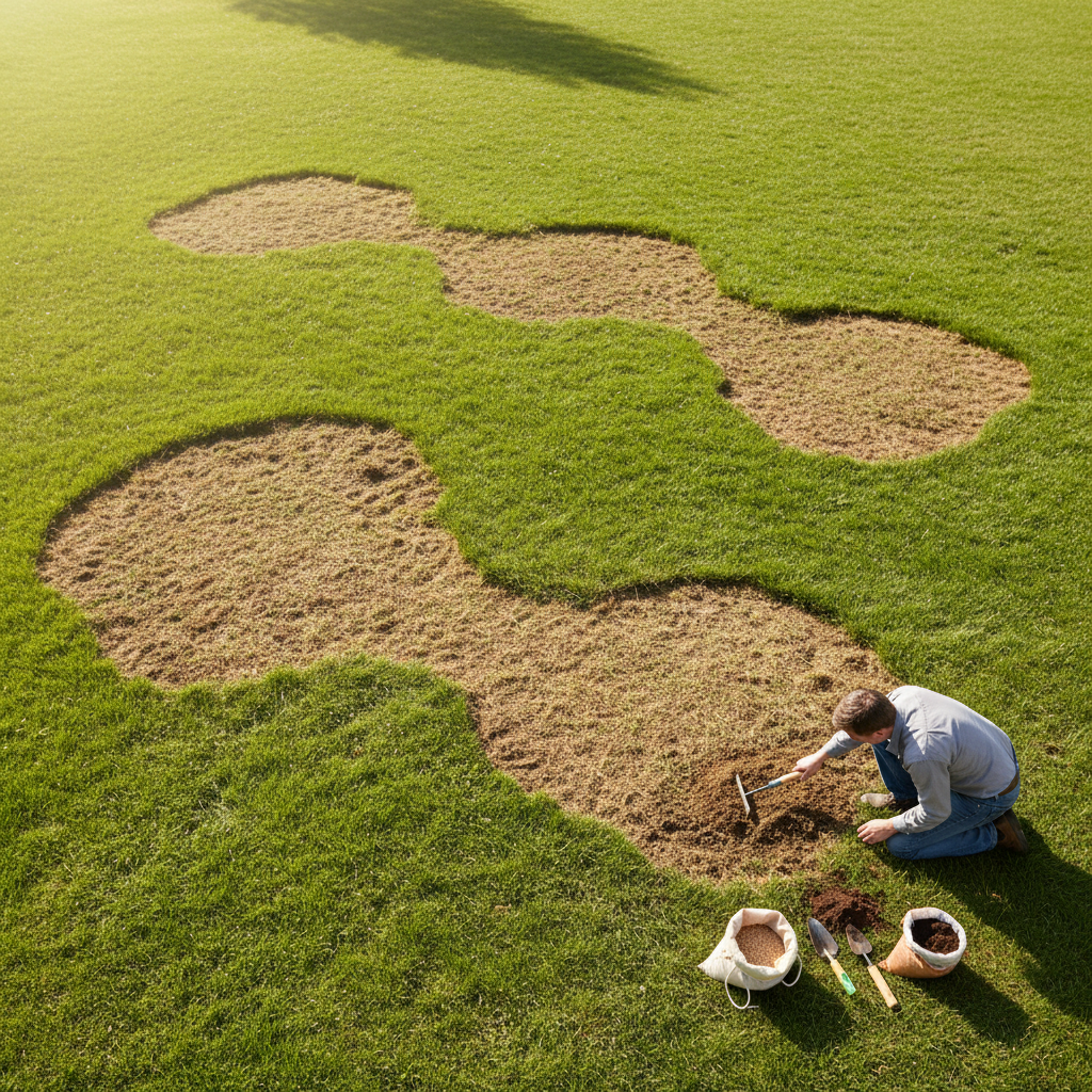 Homeowner repairing patchy grass with rake and grass seed, illustrating lawn rejuvenation.