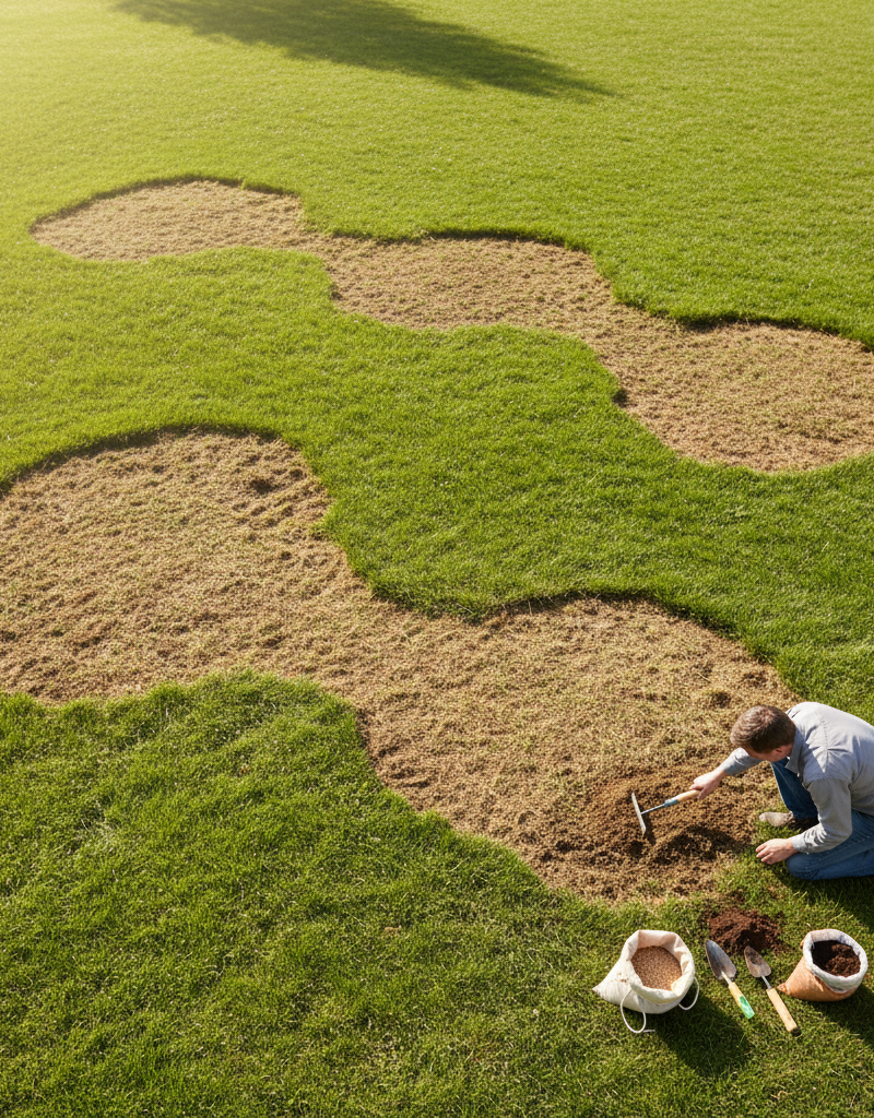 Homeowner repairing patchy grass with rake and grass seed, illustrating lawn rejuvenation.