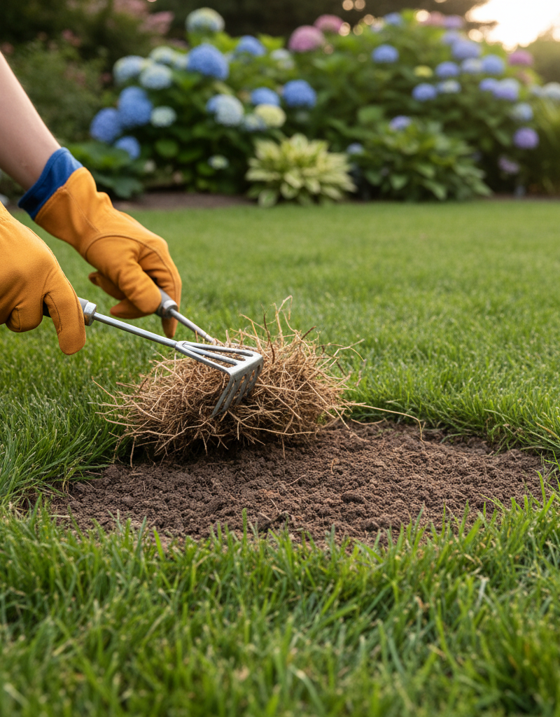 Homeowner raking dead grass and soil to fix a patchy lawn