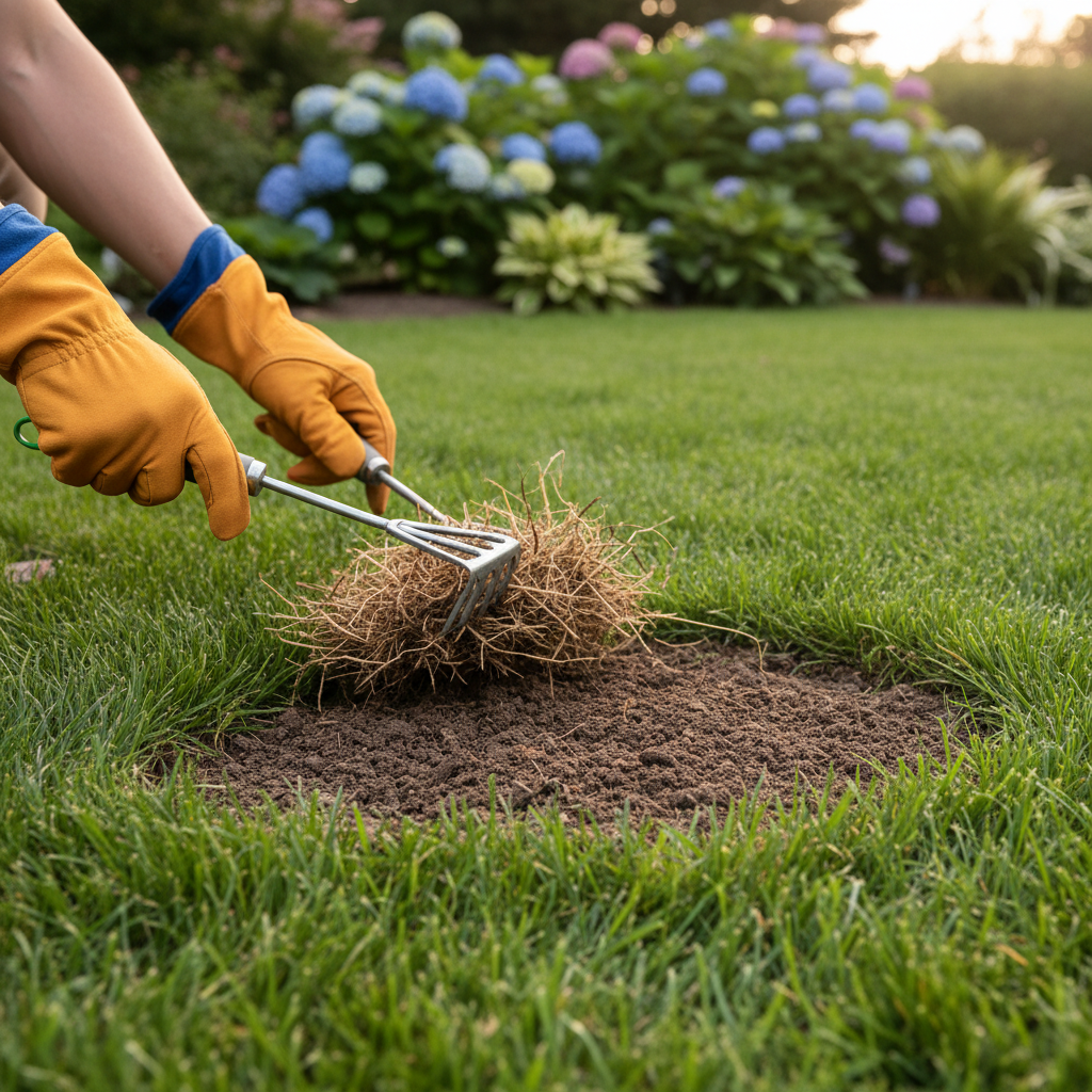 Homeowner raking dead grass and soil to fix a patchy lawn