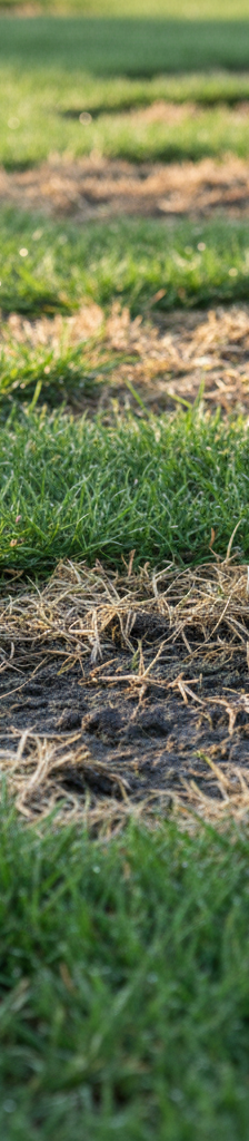 Close-up of a lawn showing distinct patches of brown, dead grass mixed with healthy green grass.