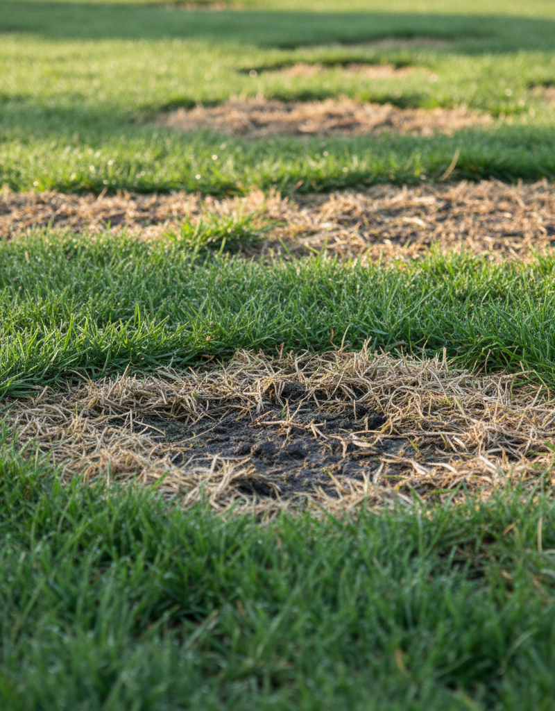 Close-up of a lawn showing distinct patches of brown, dead grass mixed with healthy green grass.