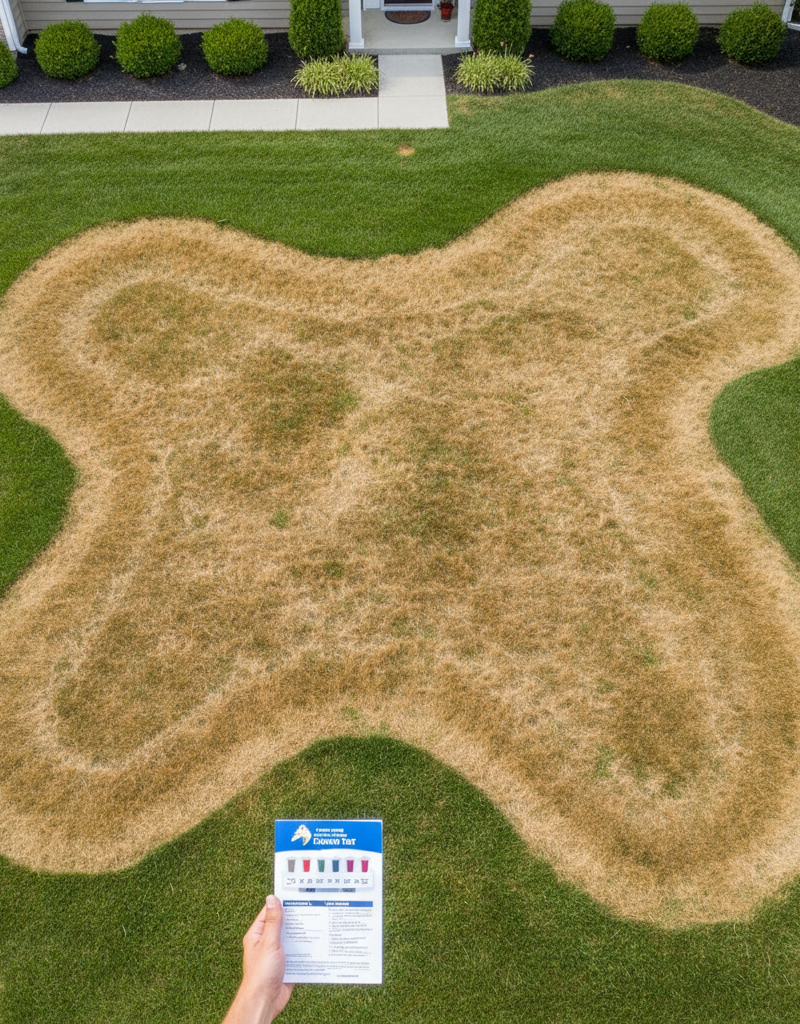 A patchy lawn with bare brown spots next to green grass, and a hand holding a soil test kit