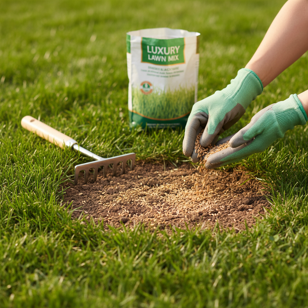 Homeowner repairing a bare patch in their lawn by spreading grass seed.