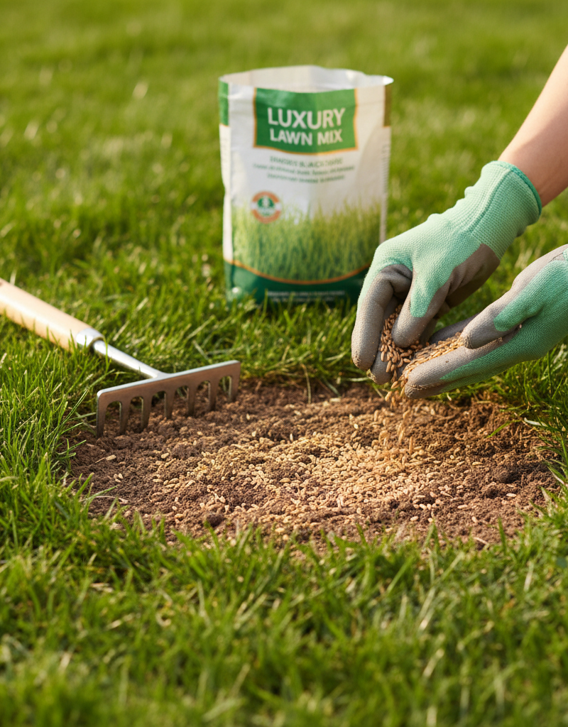 Homeowner repairing a bare patch in their lawn by spreading grass seed.