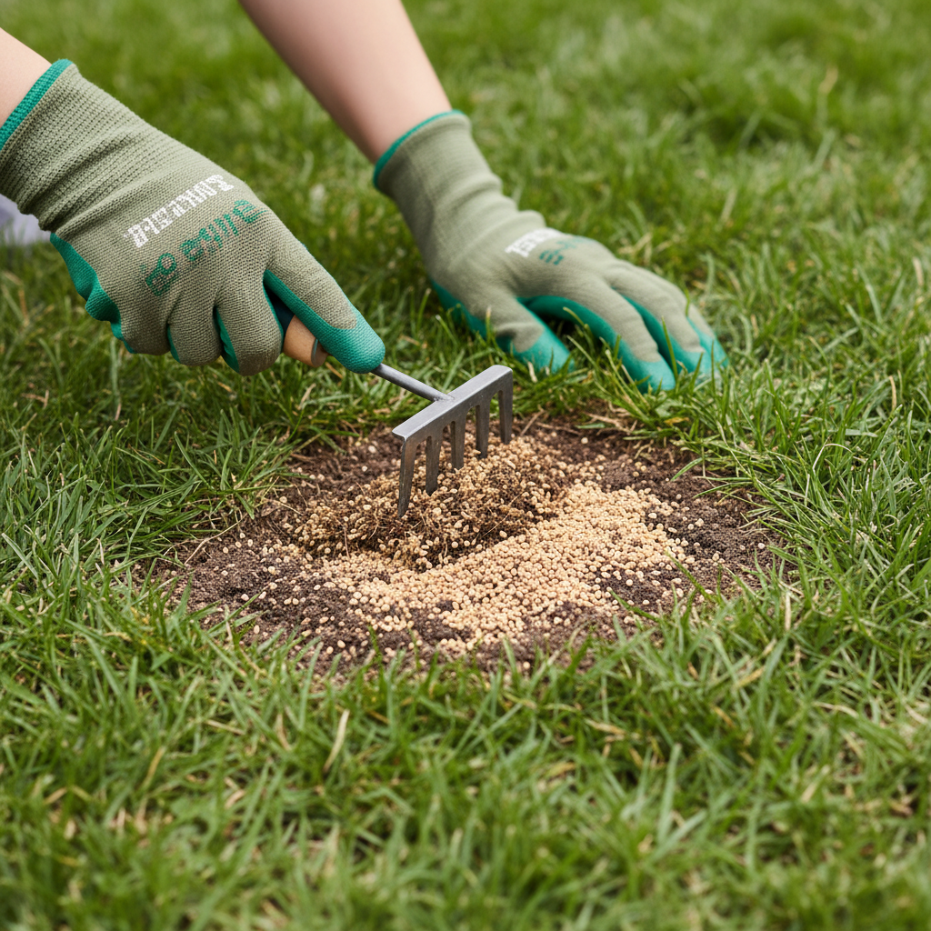 Hands raking grass seed into a patchy lawn spot for repair