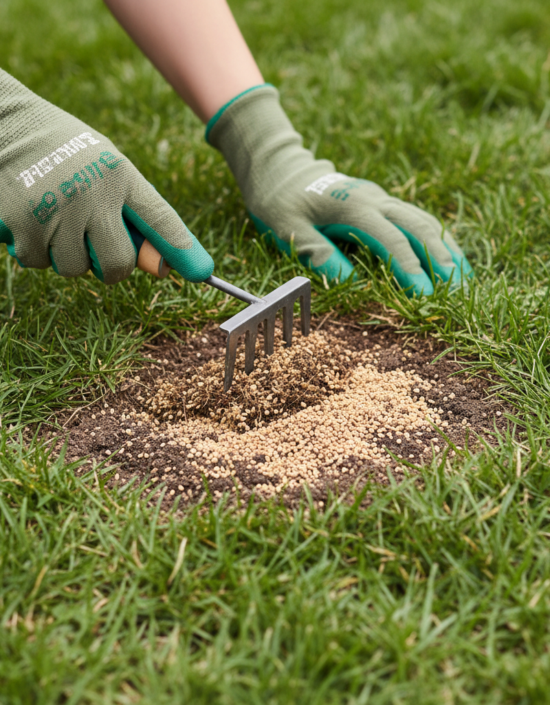 Hands raking grass seed into a patchy lawn spot for repair