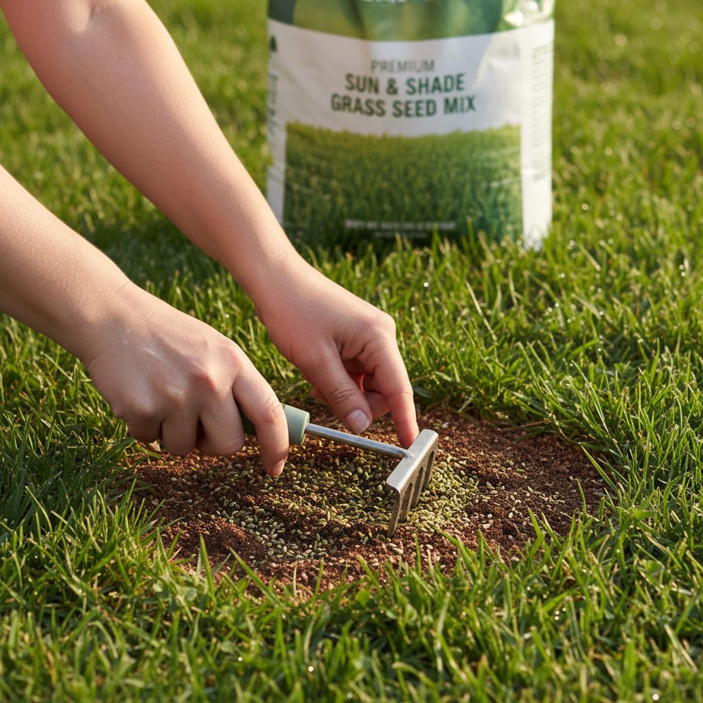 Homeowner repairing a bare patch in their lawn by raking grass seed into the soil.